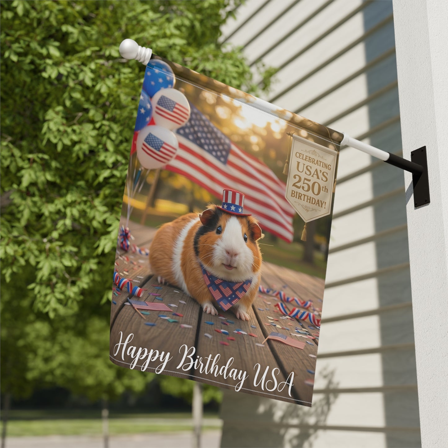 Patriotic Guinea Pig Garden Flag — "Happy Birthday USA" 250th Celebration