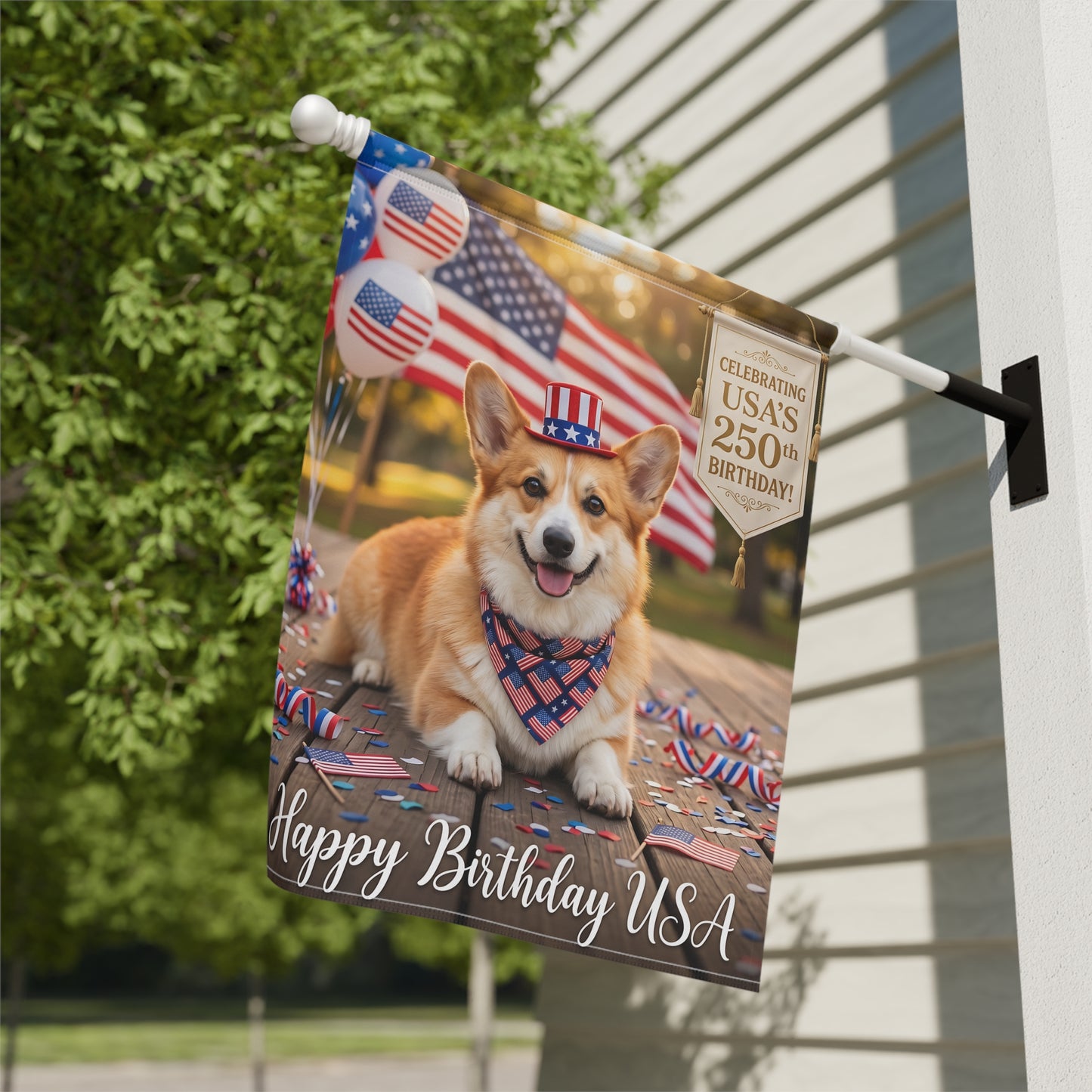 4th of July Corgi Garden Flag — "Happy Birthday USA" Patriotic House Banner