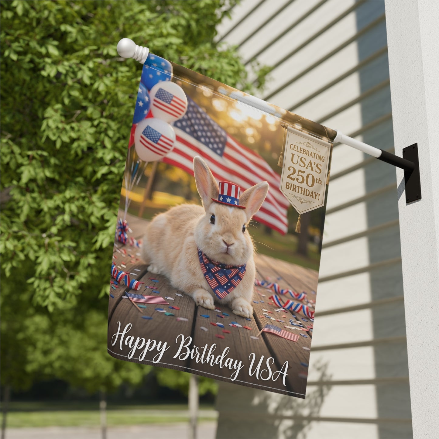 Patriotic Rabbit Garden Flag – "Happy Birthday USA" 250th Celebration