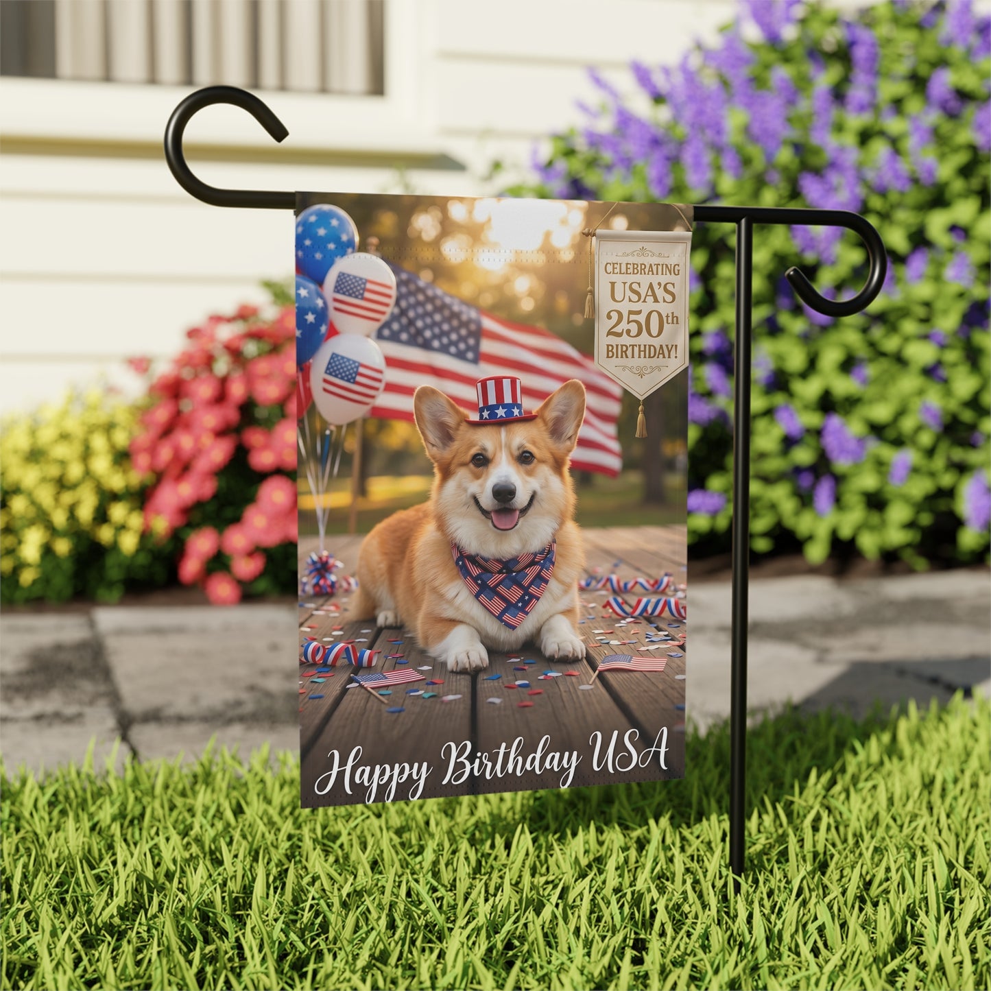 4th of July Corgi Garden Flag — "Happy Birthday USA" Patriotic House Banner