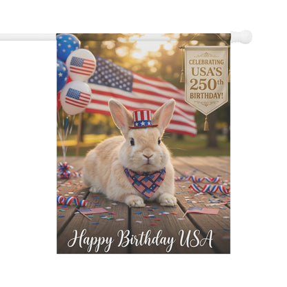 Patriotic Rabbit Garden Flag – "Happy Birthday USA" 250th Celebration