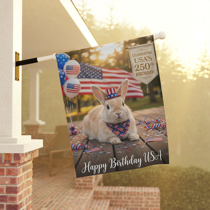 Patriotic Rabbit Garden Flag – "Happy Birthday USA" 250th Celebration