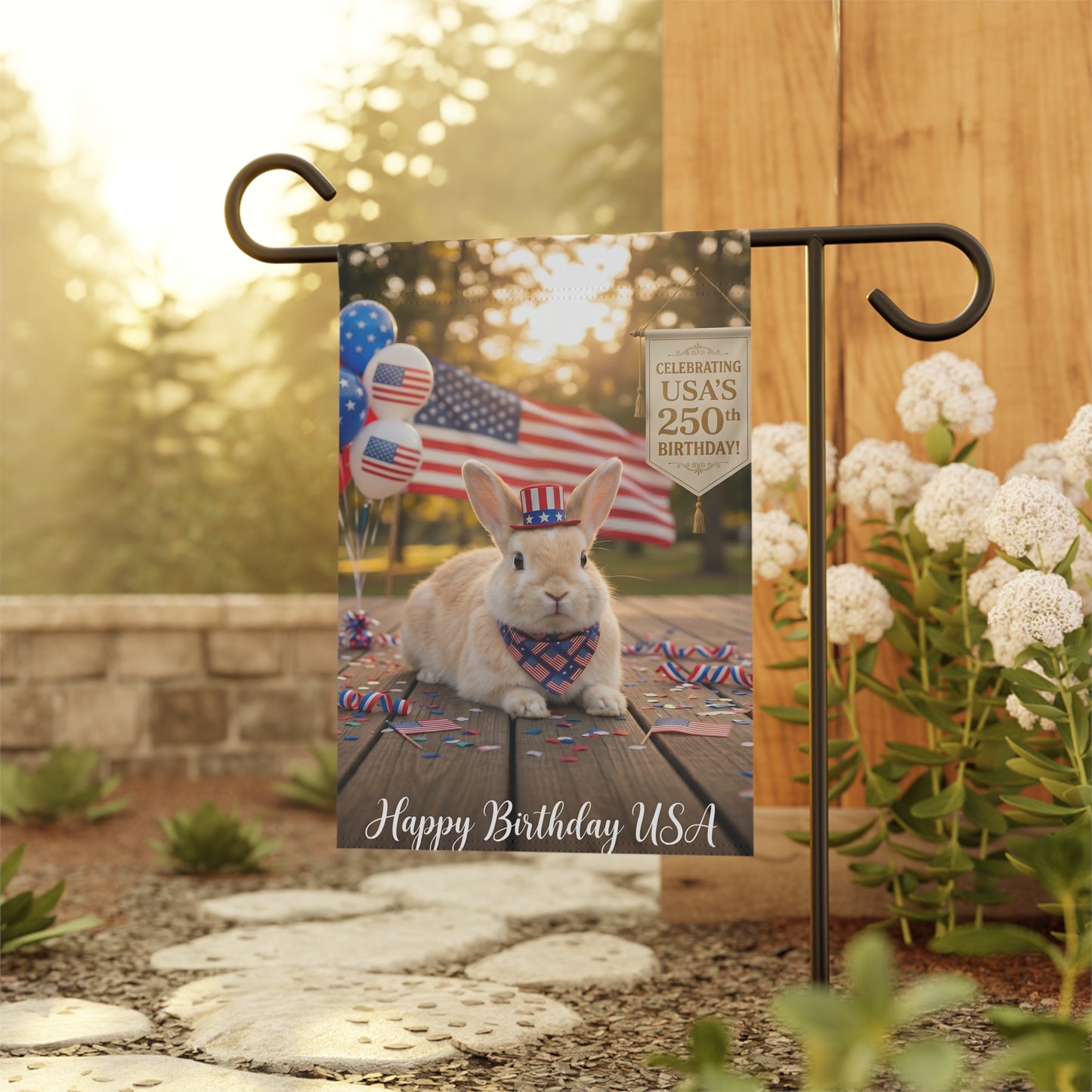 Patriotic Rabbit Garden Flag – "Happy Birthday USA" 250th Celebration
