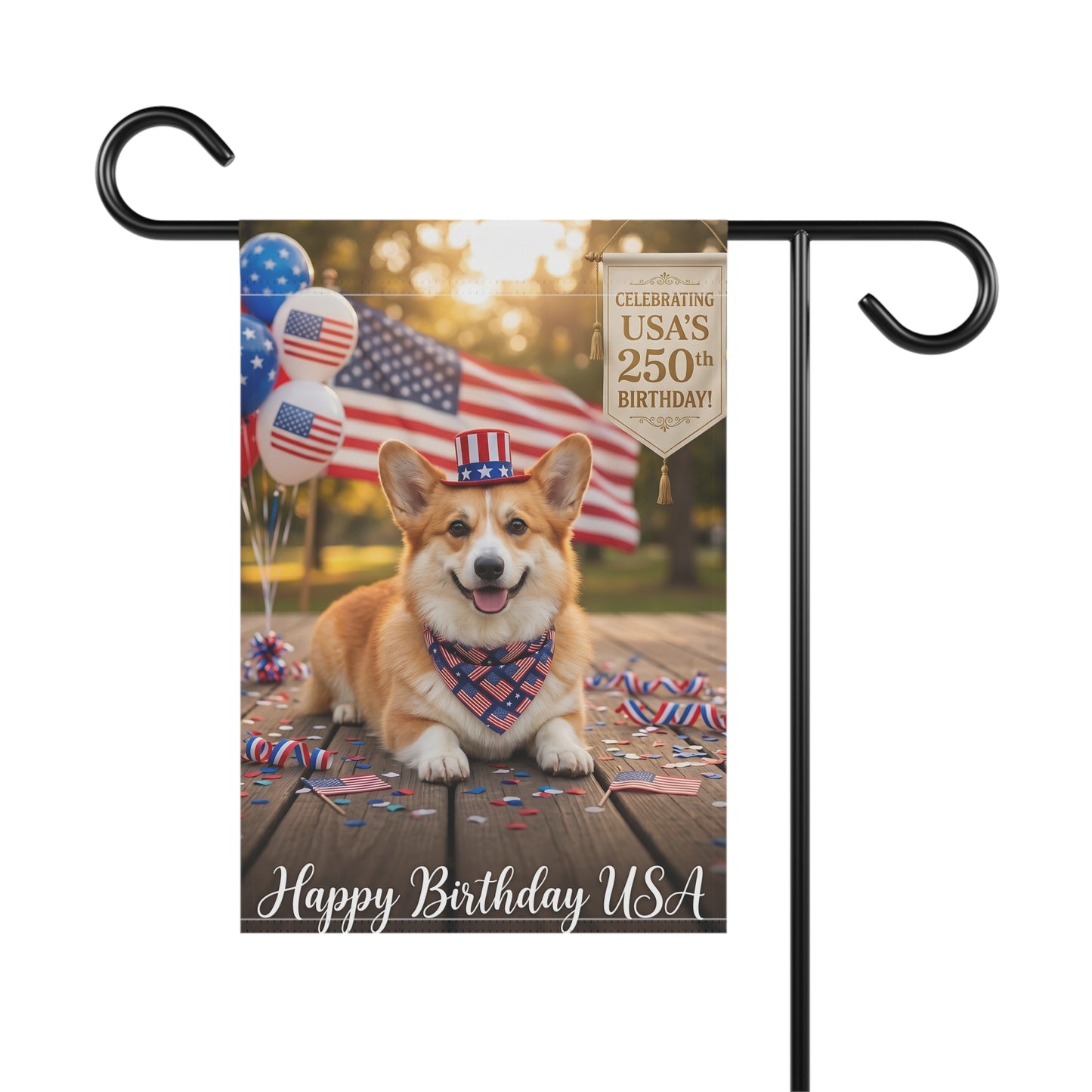 4th of July Corgi Garden Flag — "Happy Birthday USA" Patriotic House Banner