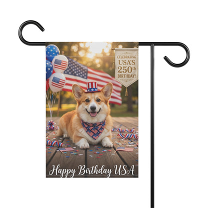 4th of July Corgi Garden Flag — "Happy Birthday USA" Patriotic House Banner