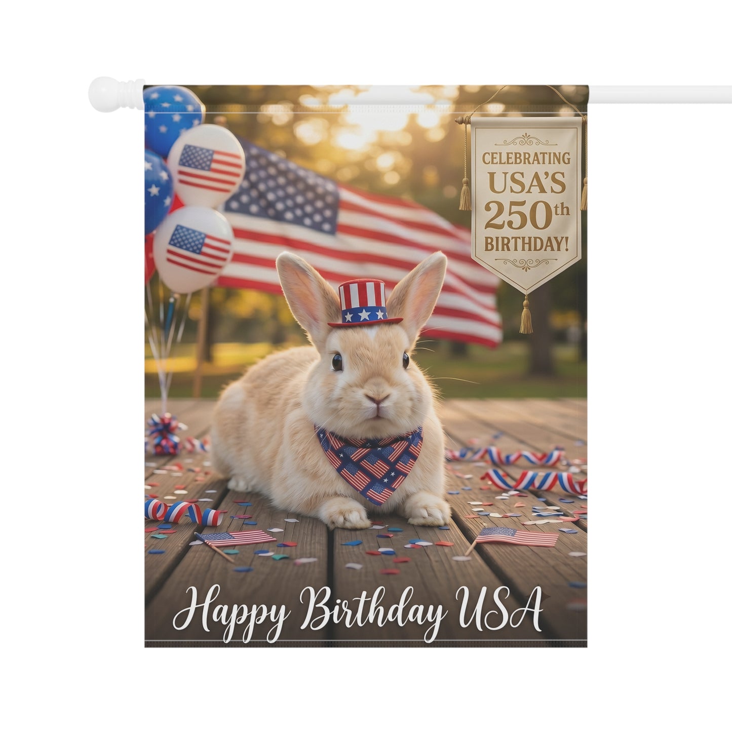Patriotic Rabbit Garden Flag – "Happy Birthday USA" 250th Celebration