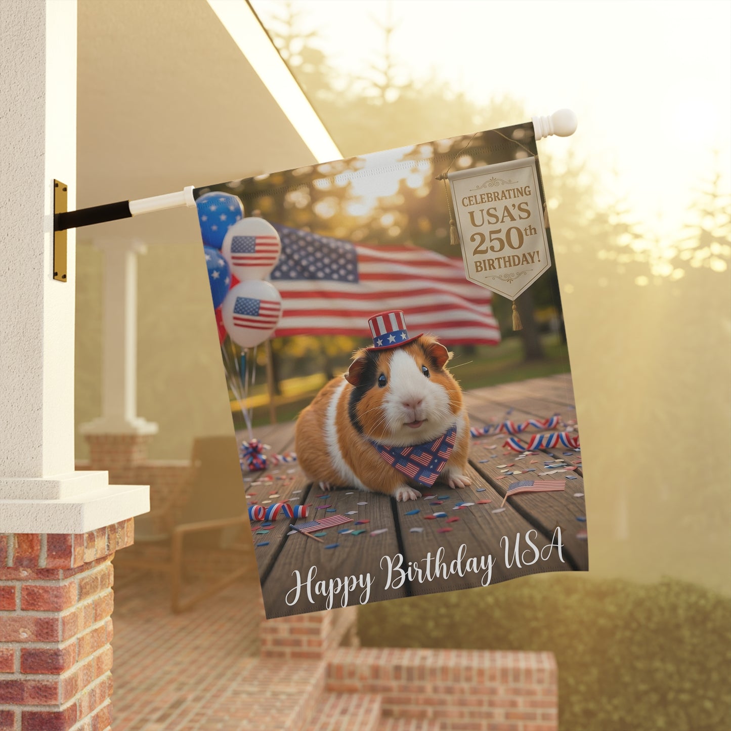 Patriotic Guinea Pig Garden Flag — "Happy Birthday USA" 250th Celebration