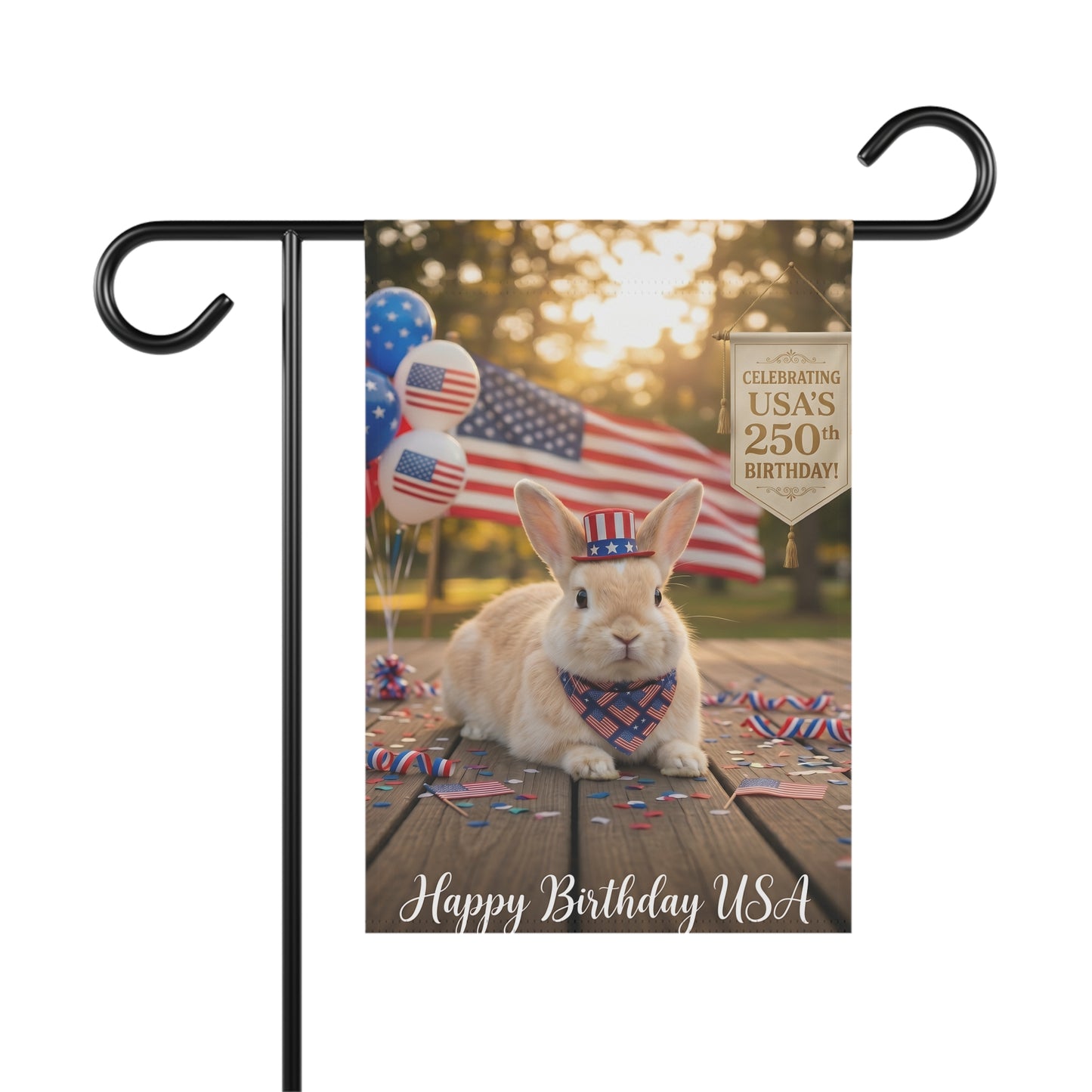 Patriotic Rabbit Garden Flag – "Happy Birthday USA" 250th Celebration