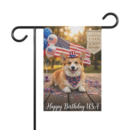 4th of July Corgi Garden Flag — "Happy Birthday USA" Patriotic House Banner
