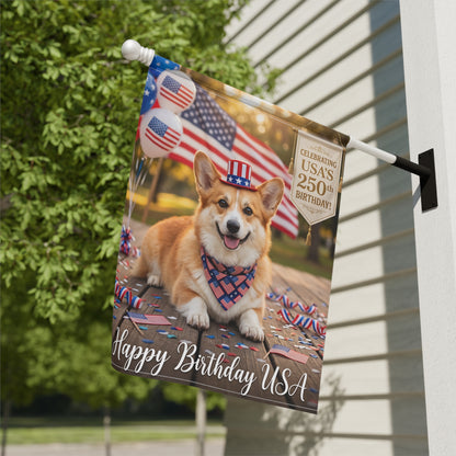 4th of July Corgi Garden Flag — "Happy Birthday USA" Patriotic House Banner