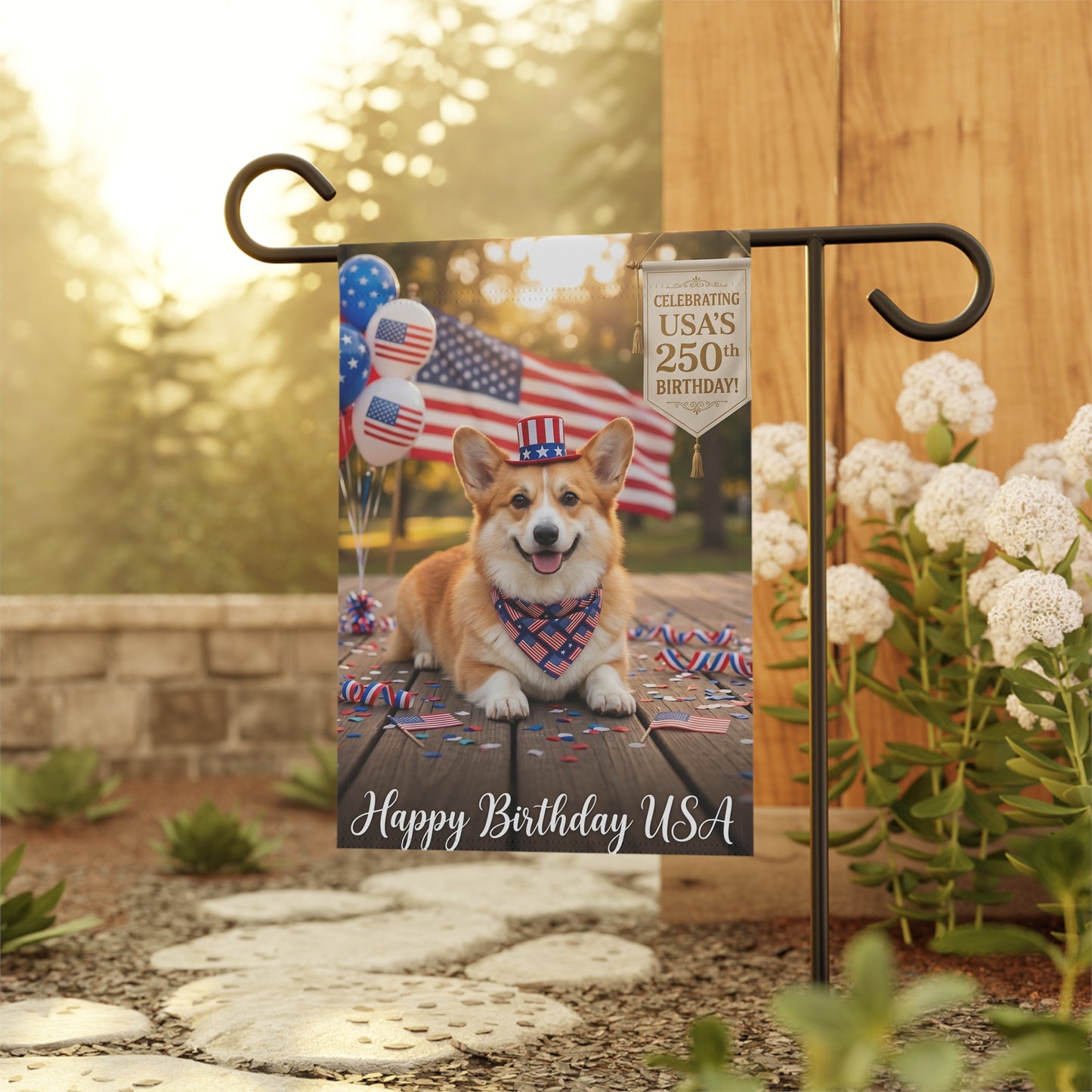 4th of July Corgi Garden Flag — "Happy Birthday USA" Patriotic House Banner