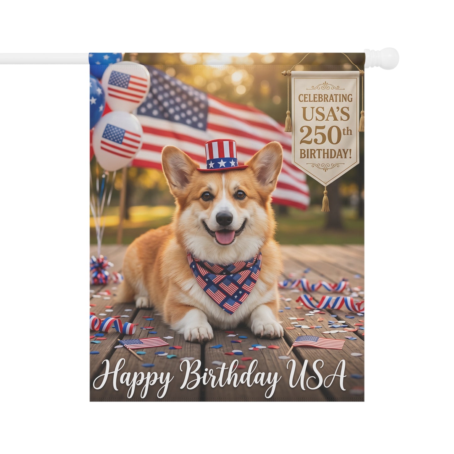 4th of July Corgi Garden Flag — "Happy Birthday USA" Patriotic House Banner