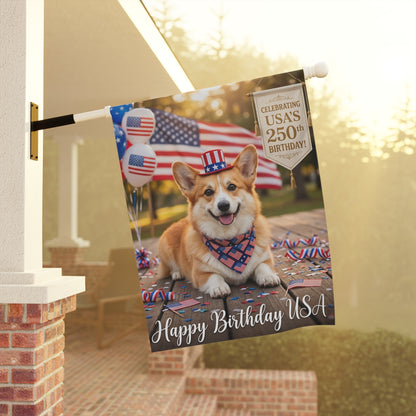 4th of July Corgi Garden Flag — "Happy Birthday USA" Patriotic House Banner